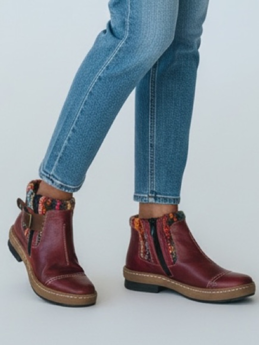 Turner Burgundy Leather Ankle Boots with Multicolor Knit Collar
